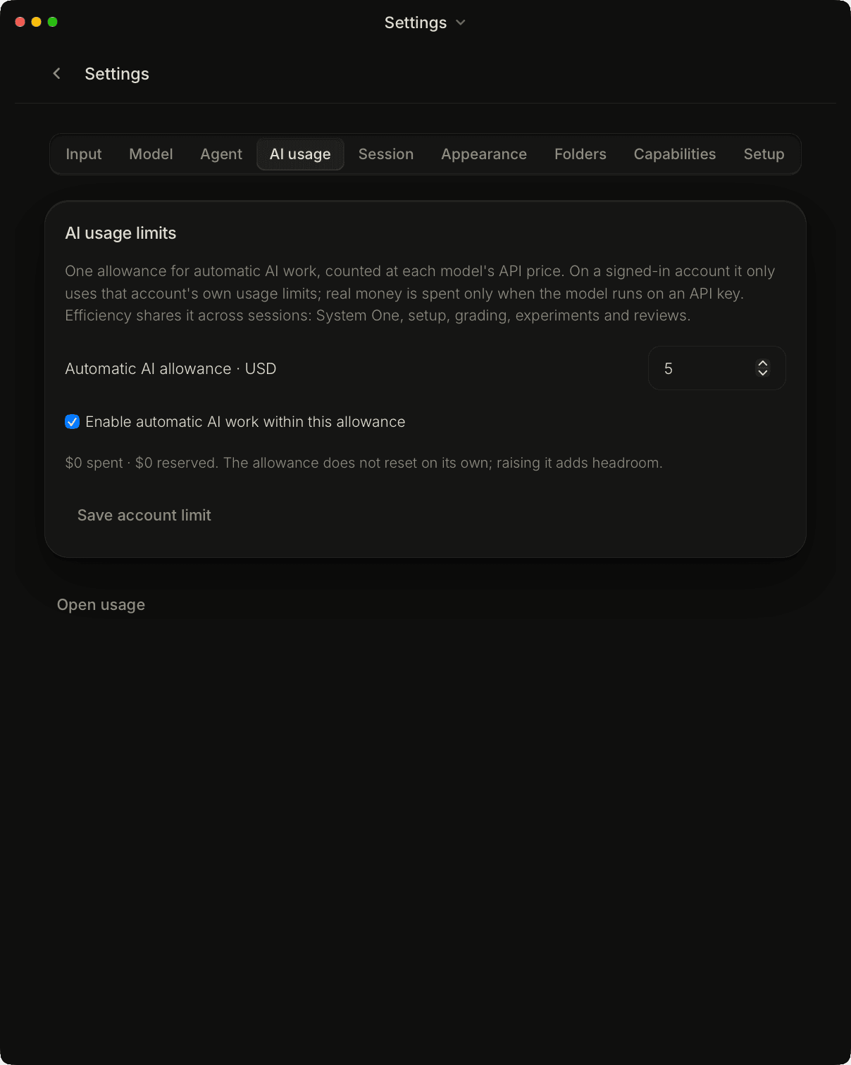 The AI usage tab of Bandicot Settings, with the automatic AI allowance in US dollars, a checkbox to enable automatic work, and a Save account limit button.