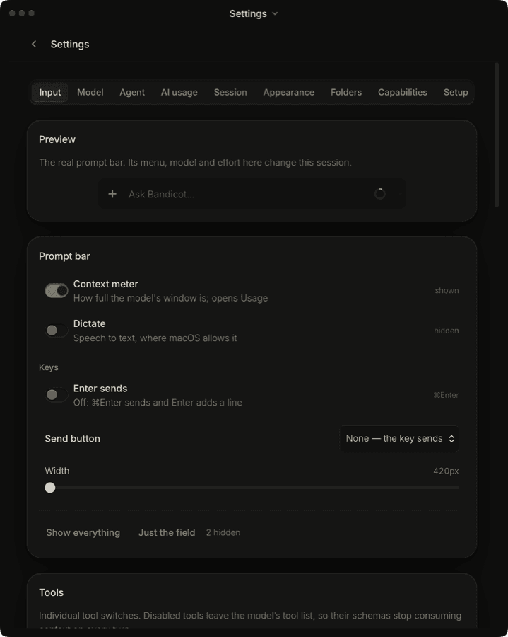 The Input tab of Bandicot Settings with the Preview card, the Prompt bar switches and the width slider.